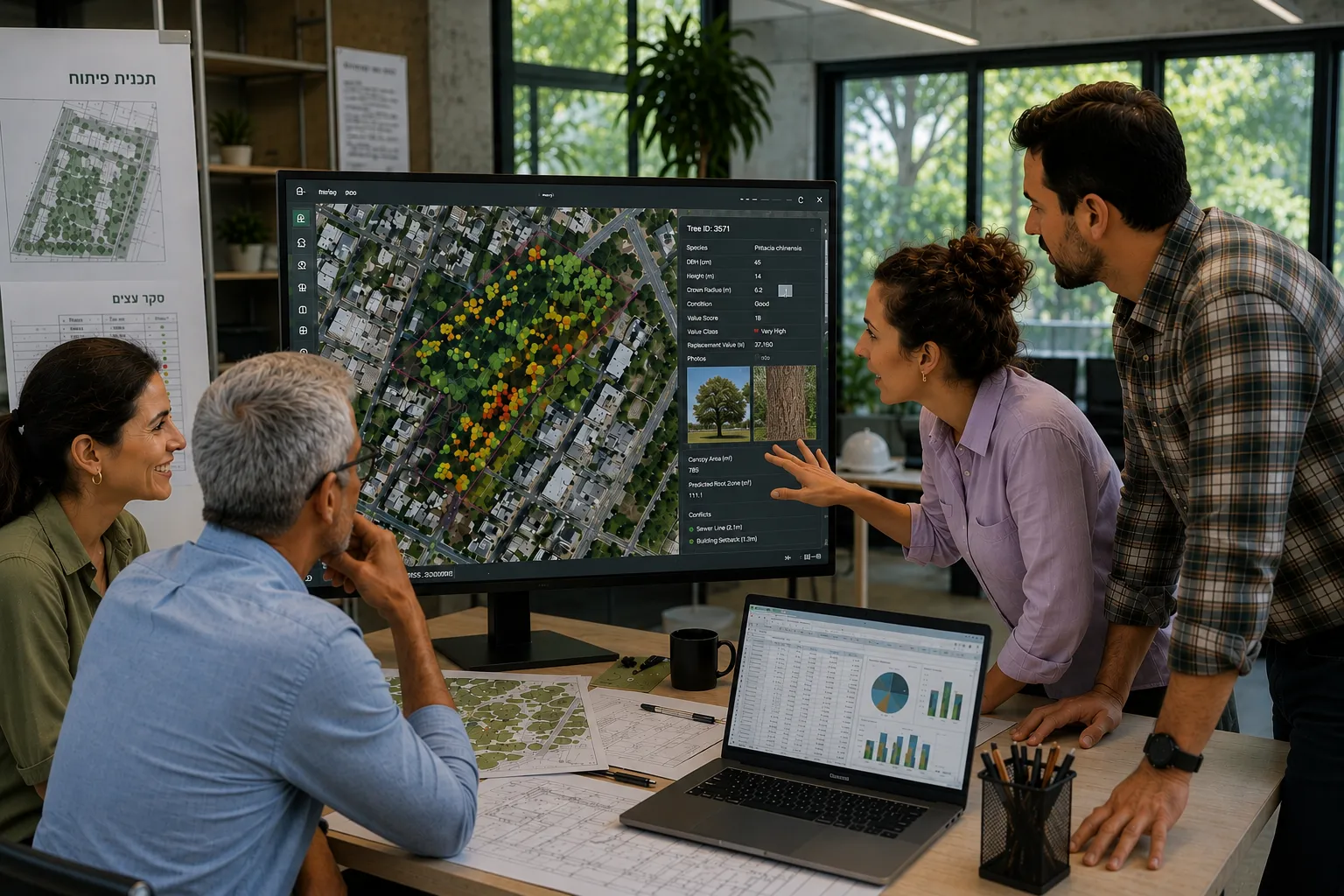 צוות פרויקט בוחן שכבת GIS של סקר עצים על גבי מסך, עם נתוני עץ בודד וקונפליקטים מרחביים